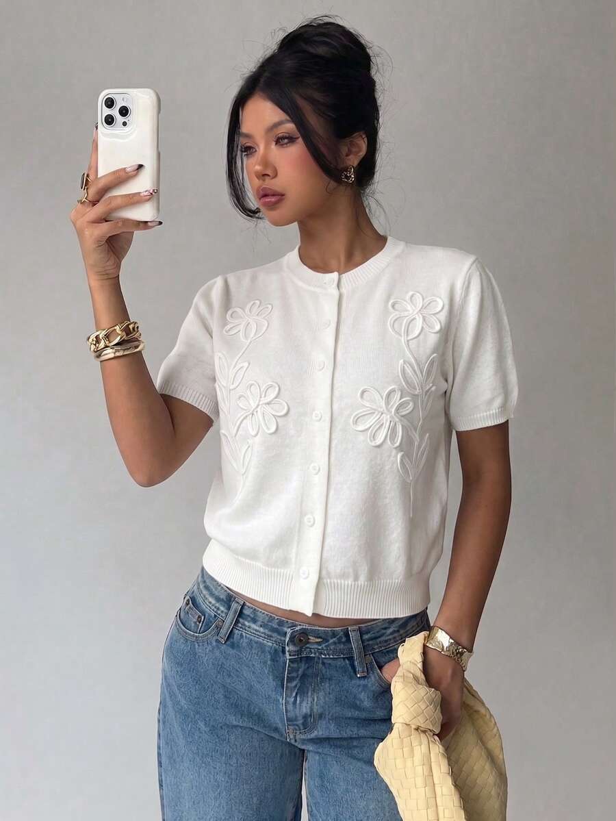 Women's White Knitted Round Neck 3D Embroidered Minimalist Daily Button-Up Cardigan Sweater Top, Suitable For Autumn/Winter, Halloween Outfit, Autumn/Winter Fashion, Street Vintage Clothing - White - View 1