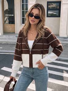 Nicenter Women's Hooded Striped Color Block Zipper Long Sleeve Wool Blend Cardigan Sweaters, Elegant Fall Clothes For Women, Winter Clothes For Daily Commute - Multicolor - View 7