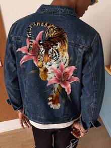 Men's Classic Denim Jacket, All-Season Wear, Cool Tiger Graphic, White Ink Direct Print, Loose Fit, Versatile Casual - Dark Denim Blue 3 - View 2