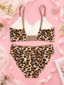 Women Plus Size Leopard Print Wireless Bra Set Animal Pattern Adjustable Spaghetti Strap Hollow Out Detail Removable Padding Soft Bra & Panty Set Loungewear - Brown - View 7