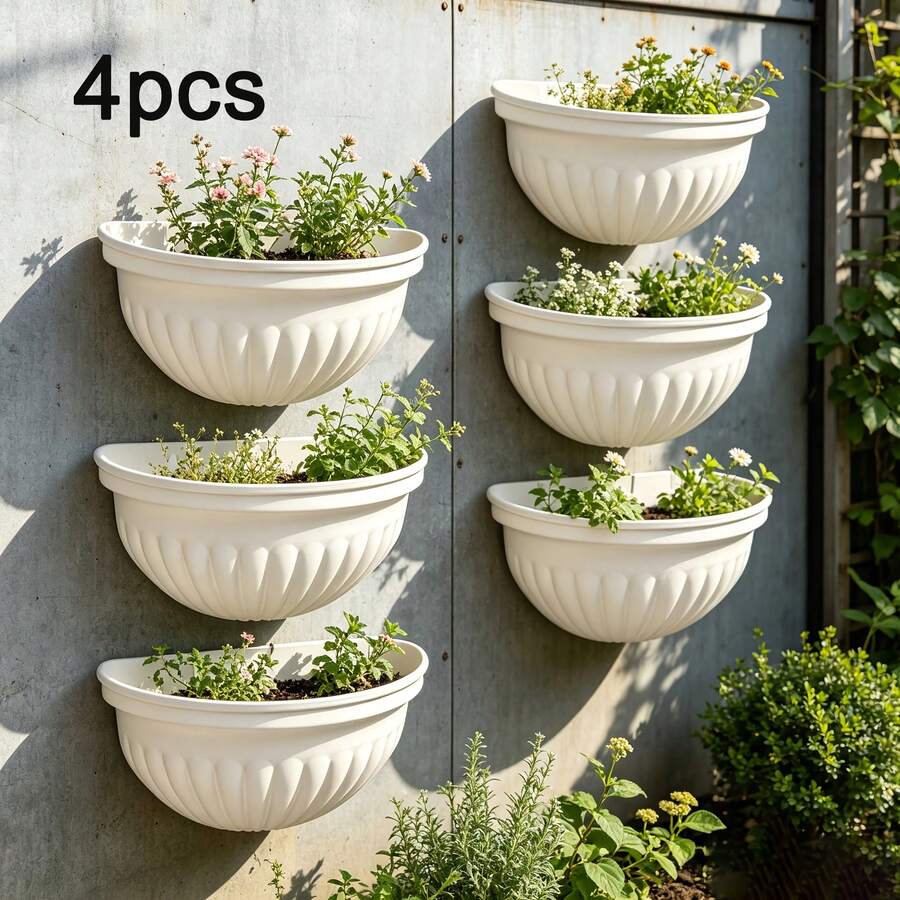 4pcs Set Round Wavy Edge Plastic Wall-Mounted Flower Pot Rack, Thickened Weather-Resistant Windproof Plastic Wall-Mounted Flower Pot Rack, Suitable For Indoor And Outdoor Green Plant Planting - Flower Pot - View 1