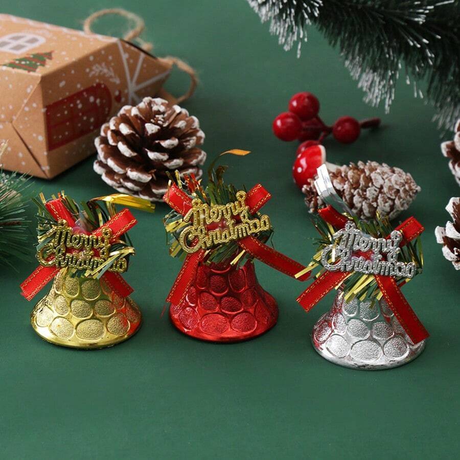 2PCS Christmas Bell Hanging Ornament Set, Gold, Red, Silver Christmas Bells With Red Bow Ribbon, Christmas Tree Holiday Party Hanging Decoration Pack Christmas Gift-Birthday Gift-Perfect Gift-Holiday Gift-Small Gift - Multiple Styles - View 1