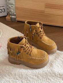 Tassel Beaded Decor Children's Ankle Boots Autumn Thick Sole Comfortable Toddler Lace-Up Side Zipper Boots - Camel - View 3