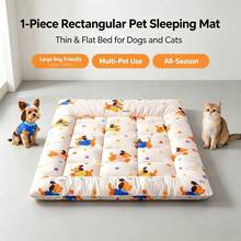 1pc Cream Cartoon Puppy Print Pet Sleeping Mat, Playful Polyester Rectangular Quilted Thin Breathable Low-Profile Resting Pad, Suitable For Dogs And Cats Indoor/Outdoor Camping RV Travel All Season Daily Use - White - View 2