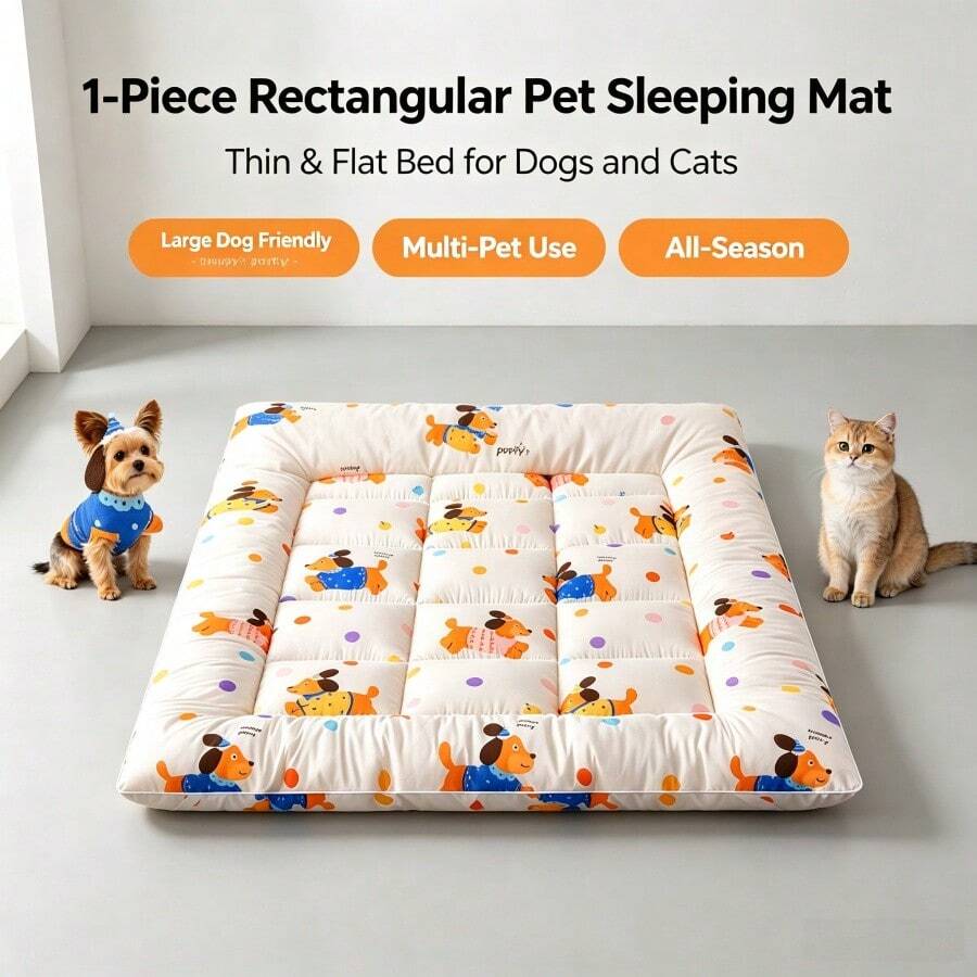 1pc Cream Cartoon Puppy Print Pet Sleeping Mat, Playful Polyester Rectangular Quilted Thin Breathable Low-Profile Resting Pad, Suitable For Dogs And Cats Indoor/Outdoor Camping RV Travel All Season Daily Use
