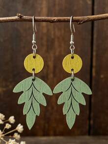 1 Pair Vintage Leaf-Shaped Patchwork Yellow & Green Color Block Round Wooden Earrings - Green - View 7