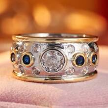 Women's Wide Band Unique Ring, Inlaid With Alternating Blue And White Synthetic Zirconia, Vintage Atmosphere Jewelry, Suitable For Casual Travel, Party, Versatile Style - Two-color - View 6