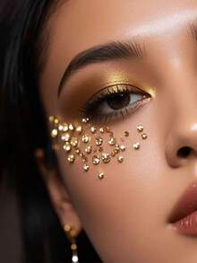 2pcs Gold Face Glitter Body Shiny 3D Rhinestone Stickers, Rave Party Makeup Accessories Rhinestone Stickers, Y2K Style Music Festival DIY Eye & Face Gems, Valentine's Day Gift - Multicolor - View 2