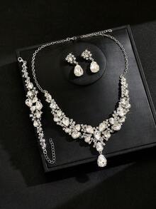 Women's Jewelry Necklace Earrings Bracelet 3pcs Set Geometric Pattern Elegant Wedding Season Accessories - White - View 3