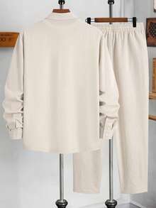 Men's Plus Size Solid Color Dual Pocket Long Sleeve Shirt And Pants Set, Contrast Drawstring Detail, Casual Fashion Minimalist Ramadan Commute Streetwear Summer New 2 Pieces Outfit - Apricot - View 7