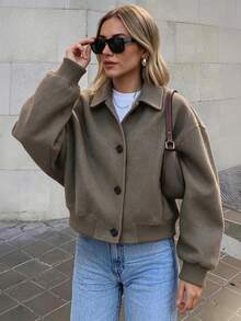 Notch Collar Wool Ribbed Hem Jacket, Casual Daily Home Street Travel Coat, Fall Winter - Coffee Brown - View 4