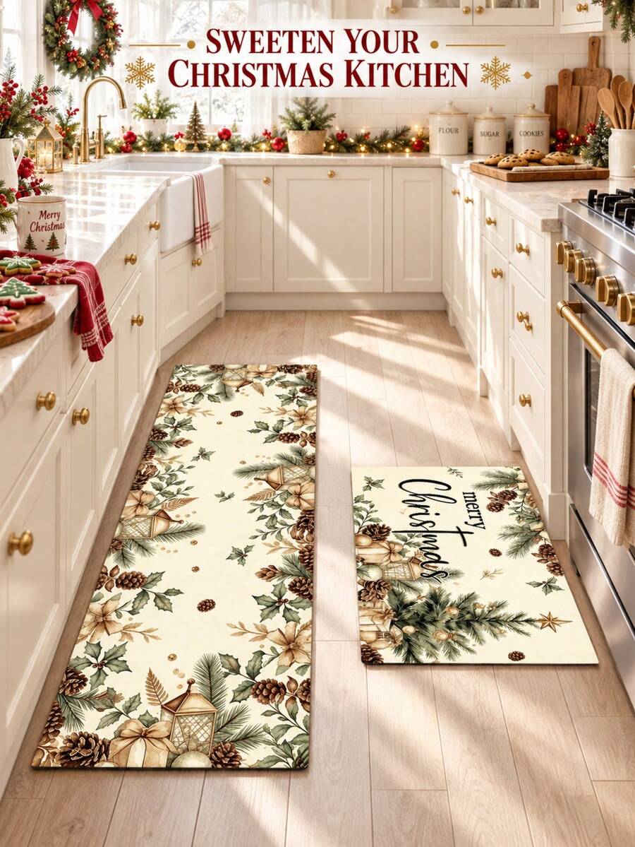 1/2pcs Christmas Floor Mat, Christmas Tree Pattern Merry Christmas Kitchen Rug, Winter Home Decor Low-Key Kitchen Carpet, Christmas Holiday Gift! - Multicolor - View 1