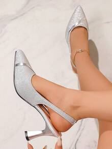 Sparkling High Heel Shoes For Women Elegant Silver Sequin Pointed Toe Slingback Metallic Texture Chunky Heel Wedding Party Shoes - Silver - View 2