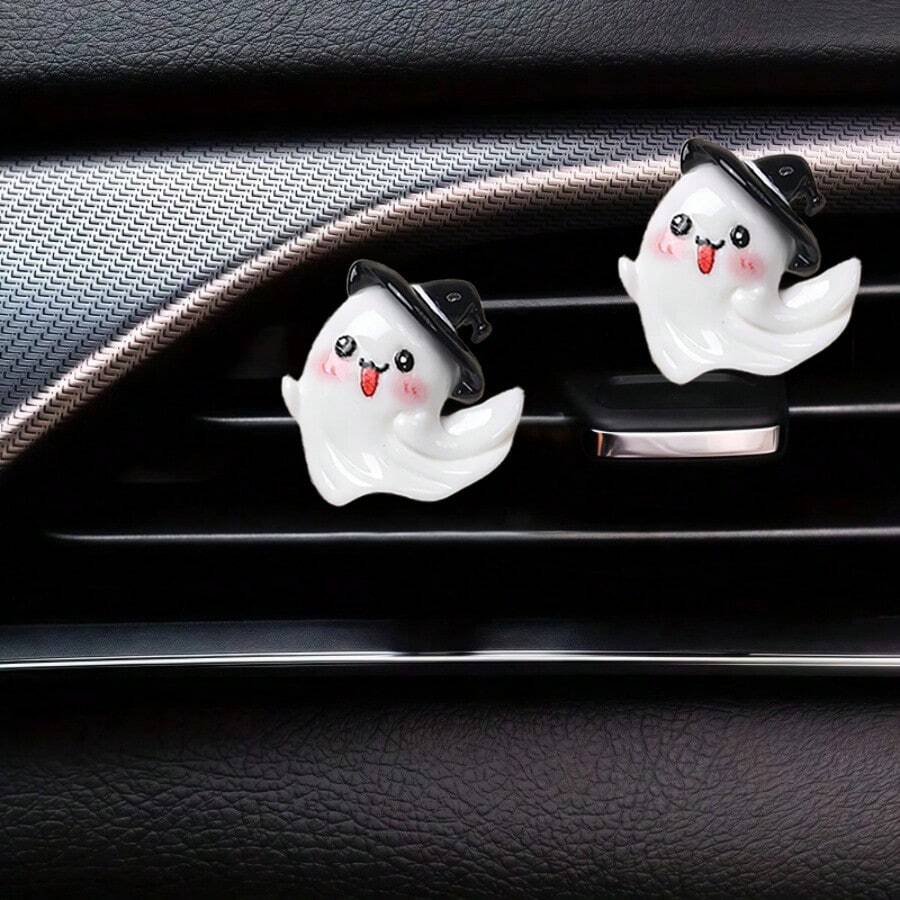 2pcs Cute Halloween Ghost Air Vent Clips, Cartoon Ghost Shaped Car Air Vent Clips, Simple Card Mount Design, Creates A Halloween Car Interior Decoration Accessories - Halloween Ghost Air Vent Decor Clip - View 1