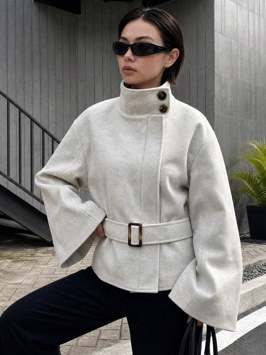 Beige Solid Color Tie-Neck Stand Collar Long Sleeve Elegant Elegant Wool Coat Jacket Top, Suitable For Office Work, Daily Outings, Autumn/Winter - Beige - View 1