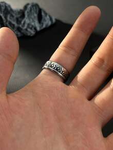 Cool Street‑Style Men Ring, Vintage Stainless Steel, Ring With Surrounding Flame Engraving, Jewelry For Men Daily Wear - Silver - View 2