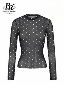 BADDIE REALM Women's Slim Fit Long Sleeve Polka Dot Mesh Top, Elastic Daily Basic Style - Black - View 9