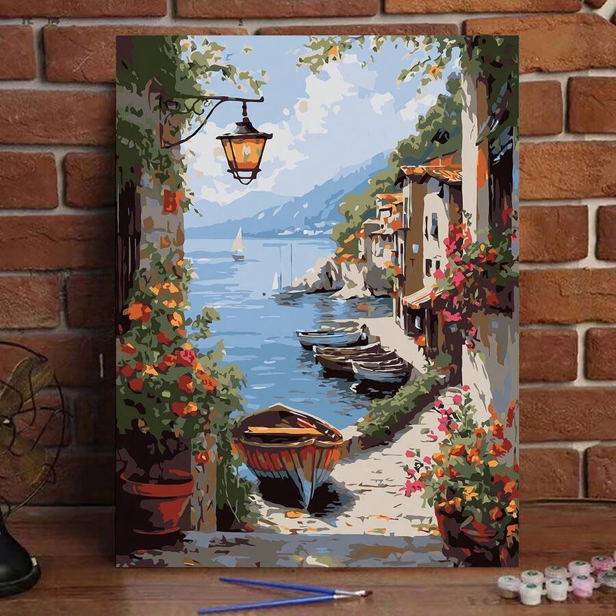 1pc Digital Oil Painting, Small Town Seaside Landscape, Adult Digital Oil Painting, Canvas Material, Home Decor Art DIY Gift, 40x50cm/16x20in, Frame Not Included - Sets - View 1