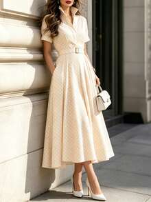 DONICY Women's Beige Polka Dot Lapel Short Sleeve Belted Mid-Length Dress, Elegant For Office And Casual Daily Wear - Apricot - View 9