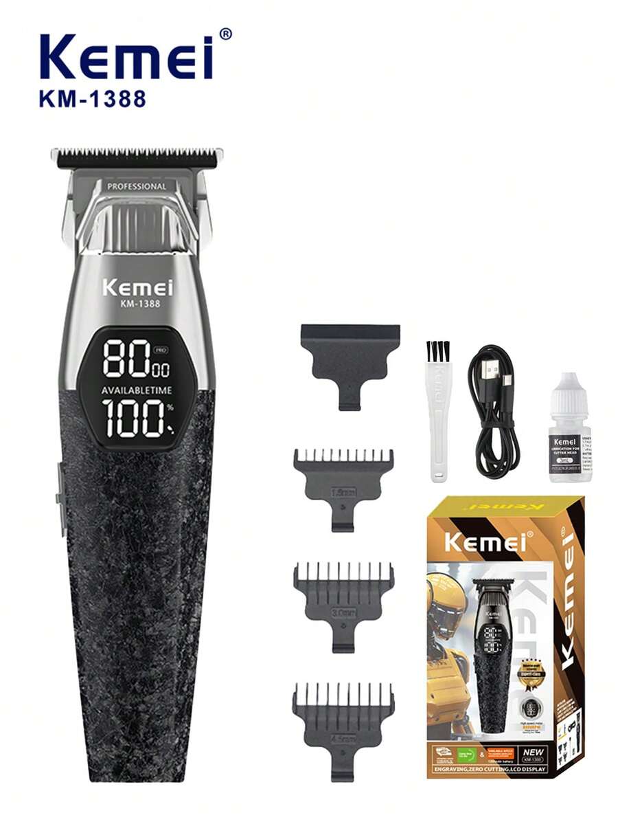 Kemei Men's Professional Hair Clipper - Precision Trimmer, Men's Electric Hair Clipper, USB Rechargeable, Pompadour Styling Hair Cutter, Comes With 3 Guide Combs, LED Display, Salon-Grade Hair Equipment, Suitable For Barber Shops And Everyday Home Use