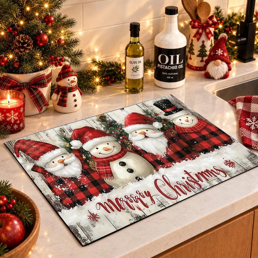 1pc Christmas Themed Printed Pattern Dish Drying Mat, Kitchen Countertop Bowl & Plate Rubber Bottom Drying Pad, Party Decoration, Super Absorbent Hidden Stain Dish Drying Mat, Soft Diatomaceous Earth With Rubber Backing Multi-Functional Kitchen Home Mat, Quick Dry Mat For Coffee Machine & Dish Rack, Kitchen Countertop Coffee Mat & Dish Drying Pad - LL LSD005 - View 1
