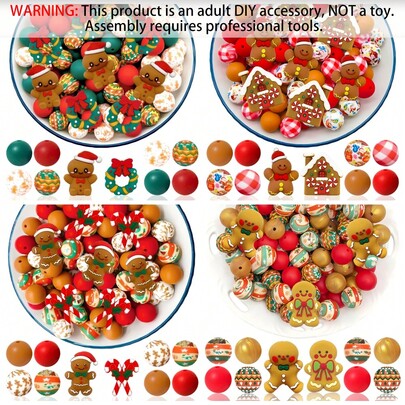 28PCS Christmas Gingerbread Man Theme Silicone Beads Set, Christmas Gingerbread Man Wreath House Candy Shaped Loose Beads, Paired With 15mm Printed Beads And Solid Color Beads, Adult DIY Accessories, Suitable For DIY Beaded Pens, Earrings, Holiday Decorations And Other Handmade Crafts, Perfect As Holiday Birthday Gifts Beads & Bead Assortments