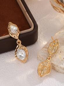 1 Pair New Fashion Gold-Tone Rhinestone Water Drop Pendant Earrings, Unique Niche Design, High-End Asymmetrical Metal Earrings For Women's Daily Wear - Earring - View 4