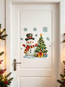 1pc Christmas Snowman Wall Sticker, Cute Snowman With Christmas Tree, Gift Box And Snowflake Wall Decal, Removable Self-Adhesive Christmas Mural For Bathroom, Door, Window, Home Holiday Decoration - B - View 9
