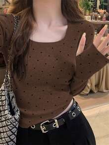 女款甜美可愛大圓領杏色波點針織衫，秋冬款 - 咖啡色 - 查看 1
