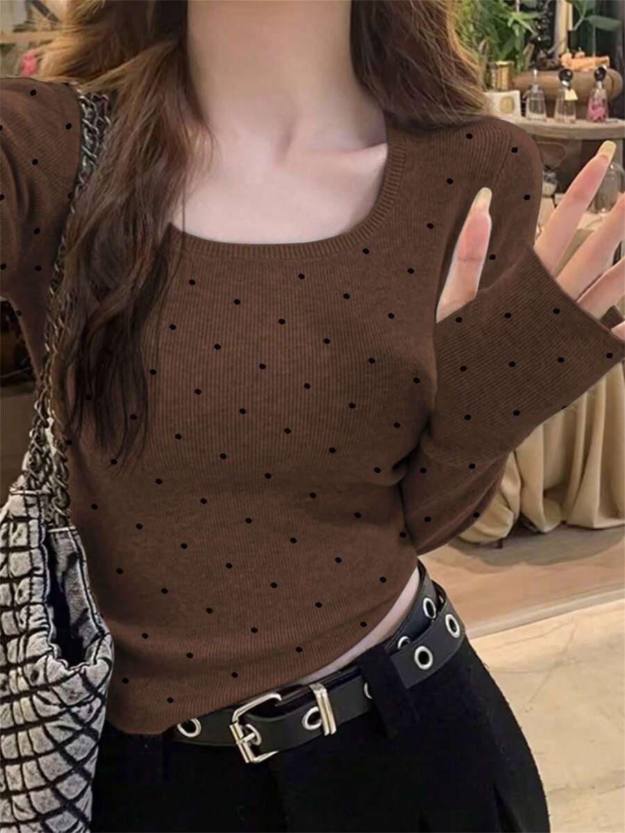 女款甜美可愛大圓領杏色波點針織衫,秋冬款 - 咖啡色 - 查看 1