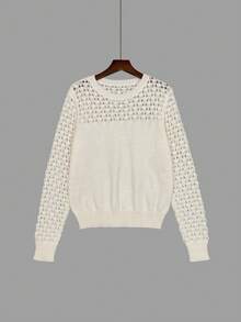Fashion Women's Long Sleeve Hollow Design Sweater, Regular Length Off-White Semi-Sheer Detail Pullover, Suitable For Autumn White - White - View 8