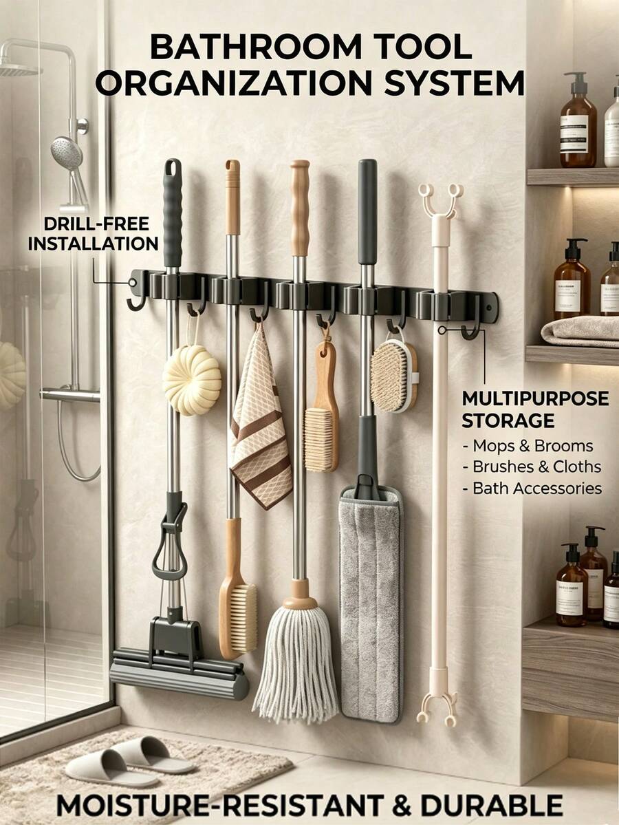 1PC-Stainless Steel Wall-Mounted Broom Hook Storage Rack, Gardening Tools Mop Hook Storage Rack, Multi-Functional Storage Rack, Easy To Install, Space-Saving, Suitable For Home, Kitchen, Garden, Laundry Room, Garage, School Dormitory - Style a - View 1