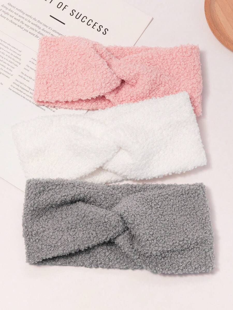 3-Piece Oversized Autumn/Winter Teddy Bear Fleece Solid Color Cross Headband Face Tie Women's Casual Versatile Headband - Multicolor - View 1