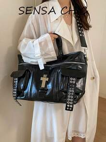 Tote Bag Cool Cross Decor Travel Large Bag, Multi-Pocket 3D Patchwork, Eyelet Rivet Ribbon Design, Top Zipper Closure, Dual Handles With Wide Strap, Handheld & Crossbody Two-Way Use, Suitable For Short Trips, Creating Subculture Street Style Outfit - Black - View 5