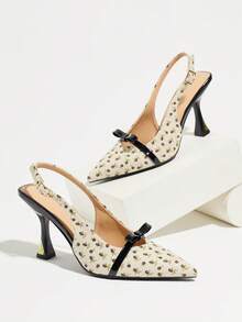 Women's Bow Decor Slingback Pointed Toe Flare High Heel Romantic Beige Ditsy Floral Fabric Low Vamp Pumps Suitable For Wedding Date Daily Wear Spring Summer Autumn Winter - Black - View 7