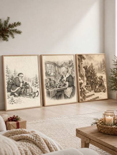 3pcs Sepia Vintage Christmas Sketch Canvas Wall Art, Nostalgic Santa Winter Holiday Print, Retro Festive Scene Aesthetic Poster, Wall Decor For Living Room Bedroom Entryway, Home Room Decoration, Gift