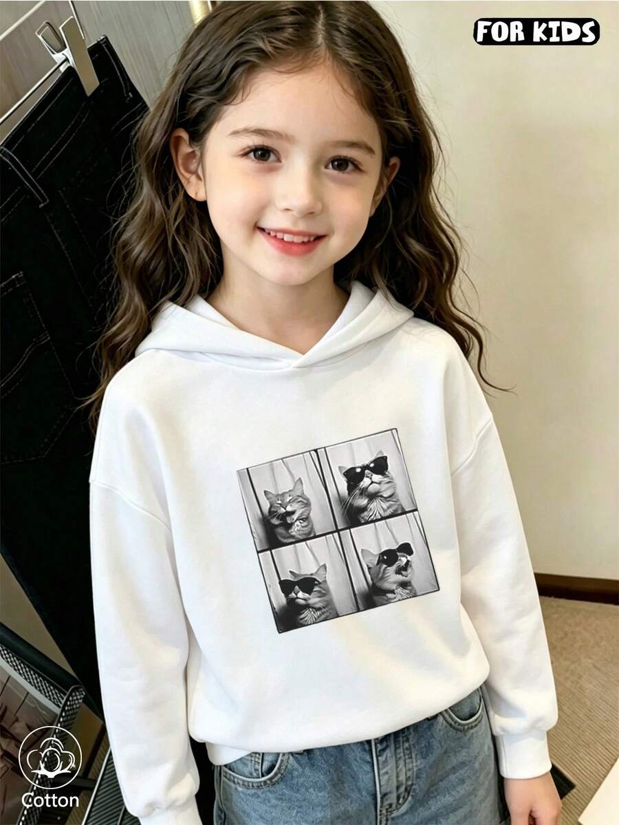 Cute Cat Print Kids Hoodie, Loose Fit Long Sleeve Pullover, Comfortable & Breathable For Spring Autumn Daily Wear - White - View 1