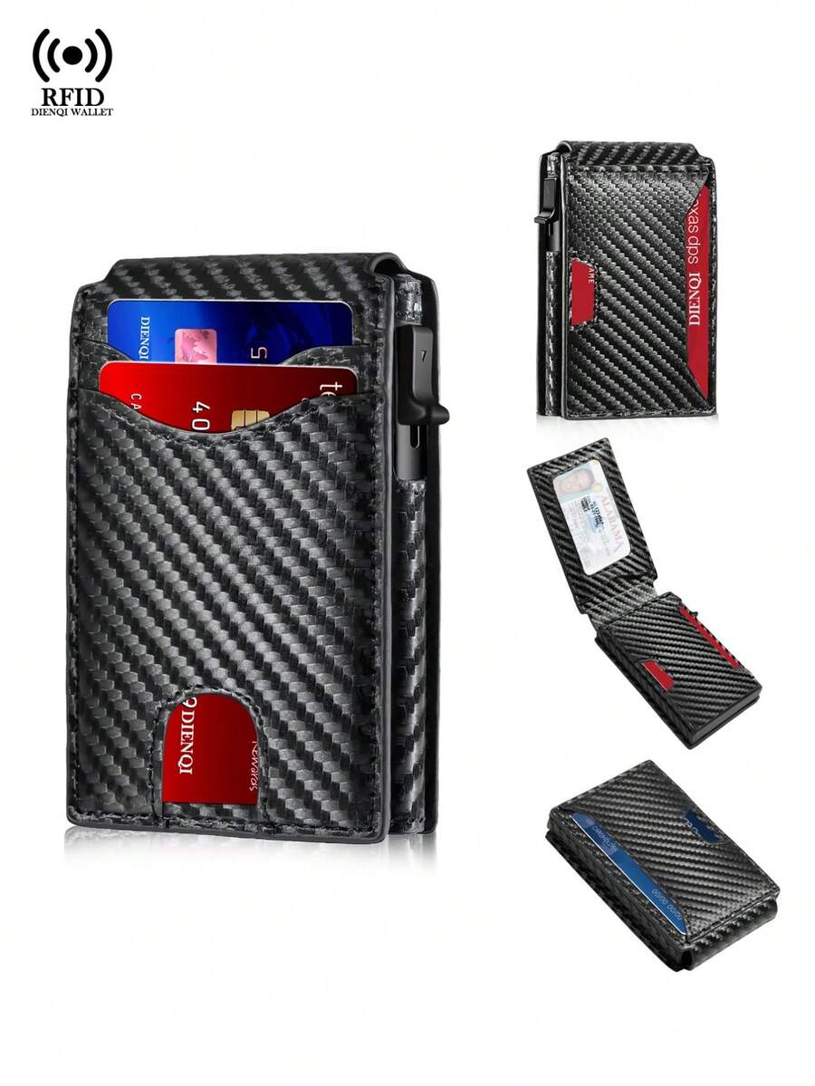 Men Carbon Fiber RFID Wallet Slim Bifold Minimalist Credit Card Holder Magnetic Anti Theft Pop Up Metal Card Case Front Pocket Purse Bag Gift For Men - Multicolor - View 1