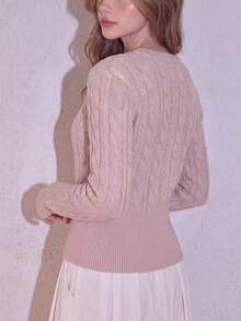 Women's New Casual Cable Knit Slim Fit Cardigan Sweater, Full Zip Front, Short Length Round Neck Long Sleeve, Suitable For Autumn/Winter Layering - Ash Powder - View 2