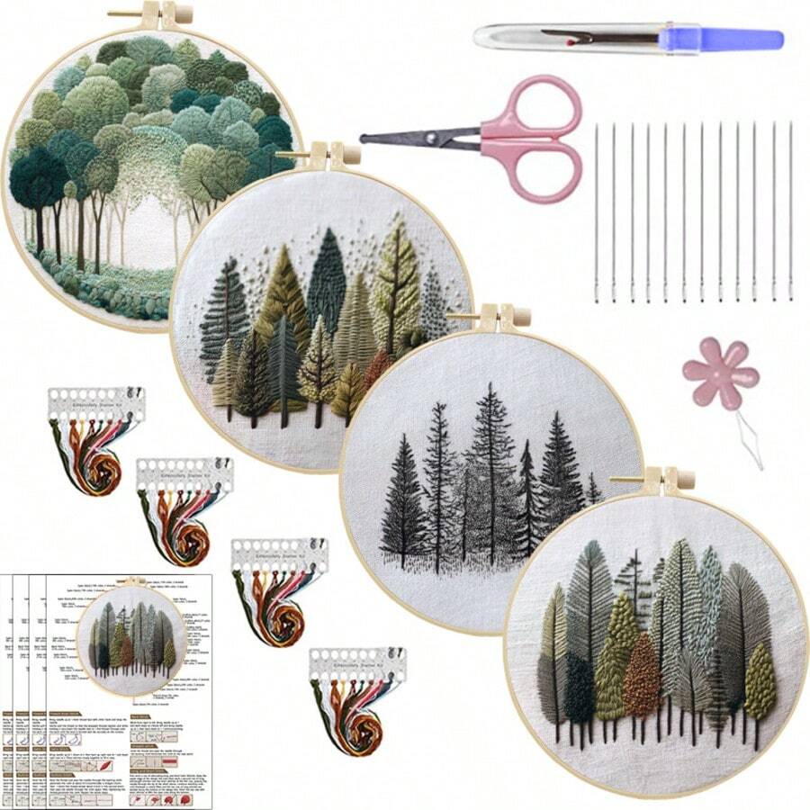 Beginner's Natural Landscape Embroidery Set, Tree Embroidery Beginner's Set DIY Cross Needle Set, Suitable For Beginners Printing, Sewing, Art Crafts Painting, Home Decoration Needle Art - A - View 1