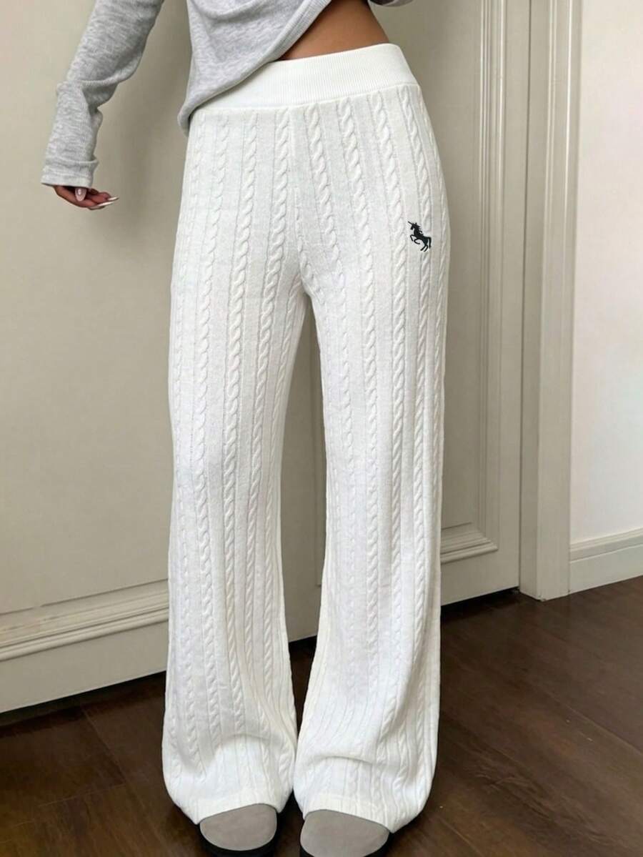 Fall/Winter Embroidered Cable-Knit Flared Pants,Daily Commute Casual Elegant White Embroidered Pony Logo Loose-Fitting Flared Pants - White - View 1