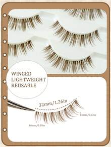 5 Pairs Brown Natural Long Fluffy Curly 3D Transparent Stem Faux Eyelashes, Comfortable Lightweight One-Piece Soft Fur Material, Sweet Big Eye Style, Korean & Japanese Inspired - Brown - View 5