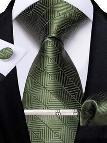 Men's Business Formal Tie 4-Piece Set Olive Green Rhombus Geometric Pattern Pocket Square Cufflinks Silver Tie Clip Wedding Outfit - Olive Green - View 1