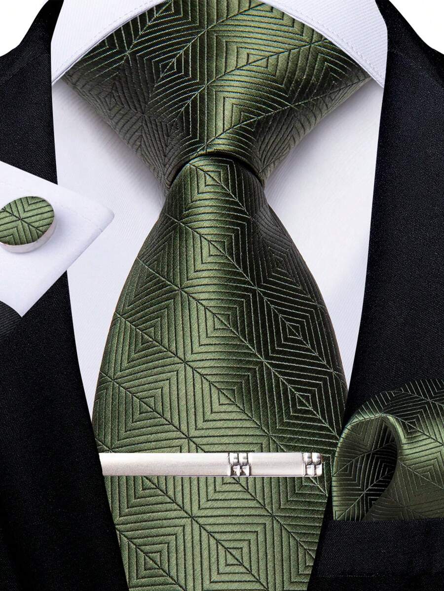 Men's Business Formal Tie 4-Piece Set Olive Green Rhombus Geometric Pattern Pocket Square Cufflinks Silver Tie Clip Wedding Outfit - Olive Green - View 1