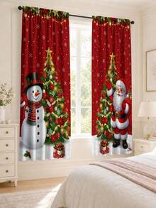 2pcs Santa Claus, Snowman, Christmas Tree Pattern Printed Curtains, Fashionable Minimalist Decorative Curtains, Polyester Fiber Lightweight Privacy Semi-Transparent Curtains, Suitable For Bedroom, Living Room, Office, Study, Christmas Home Decor - A - View 5