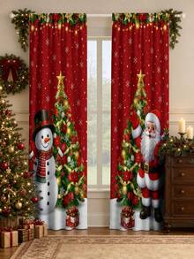 2pcs Santa Claus, Snowman, Christmas Tree Pattern Printed Curtains, Fashionable Minimalist Decorative Curtains, Polyester Fiber Lightweight Privacy Semi-Transparent Curtains, Suitable For Bedroom, Living Room, Office, Study, Christmas Home Decor - A - View 11
