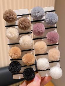32pcs Autumn/Winter Fluffy Pom Pom Hair Ties For Girls, Soft Plush Ball Elastic Headbands, Morandi Color Hair Ropes For Girls, Suitable For Ponytail Daily Hair Accessories, Gift For Girls, Children's Hair Accessories - Multicolor - View 5