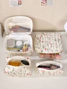 Floral Quilted Makeup Bag With Handle, Large Capacity Double Zipper Cosmetic Organizer For Makeup, Brushes And Toiletries, Portable Travel Storage Case For Women - Multicolor - View 11