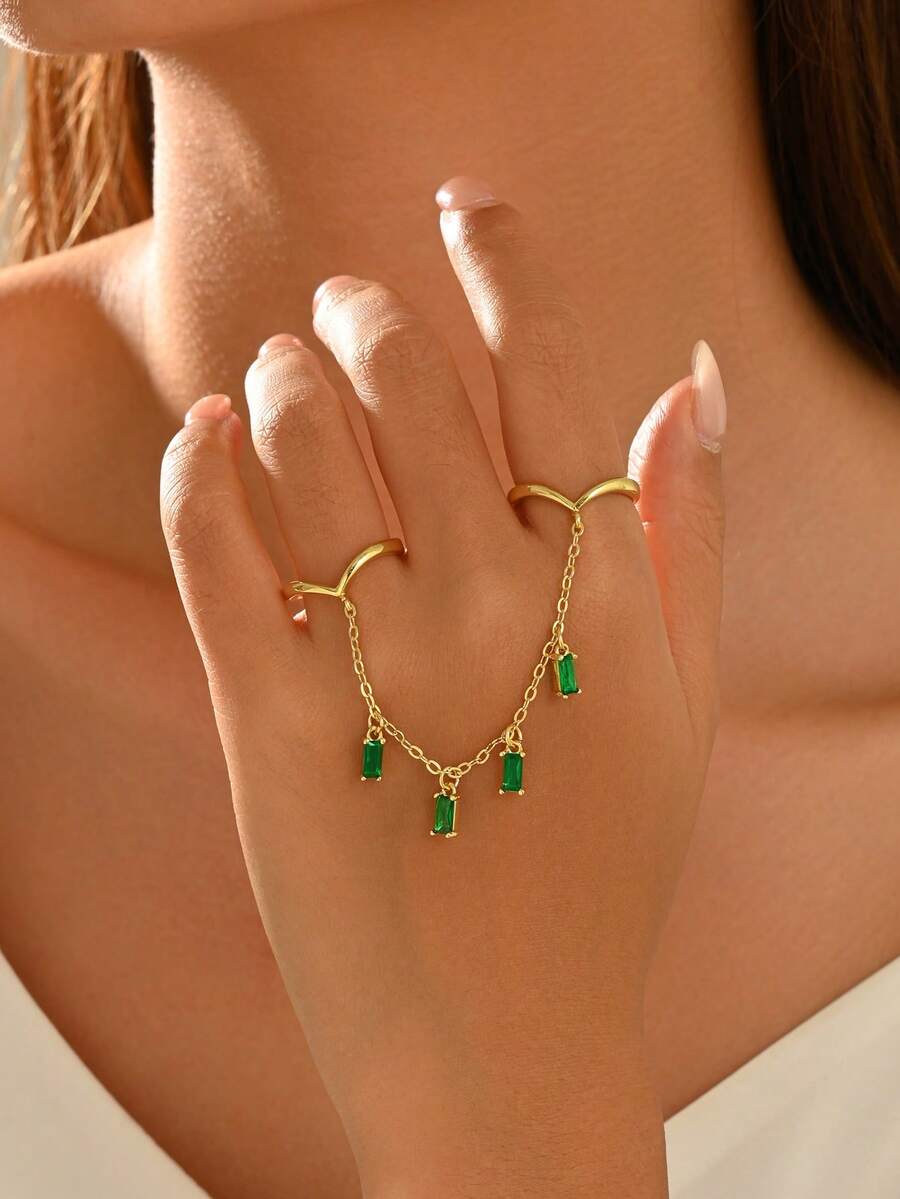 1pc Exquisite Light Luxury Vintage Style Copper Chain Rectangular Colorful Zirconia Open Ring For Women Evening Party Date Gathering Light Dress Accessory - Multicolor - View 1
