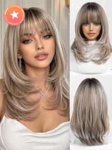 FIVE STARS 16 Inch Gray-Brown Gradient Blonde Layered Shoulder Length Full Bangs Synthetic Fiber Rose Cap, Comfortable Full Head Wear, Suitable For Halloween, Thanksgiving, Christmas, New Year Party, Cosplay, Holiday Costume Accessory - Multicolor - View 2